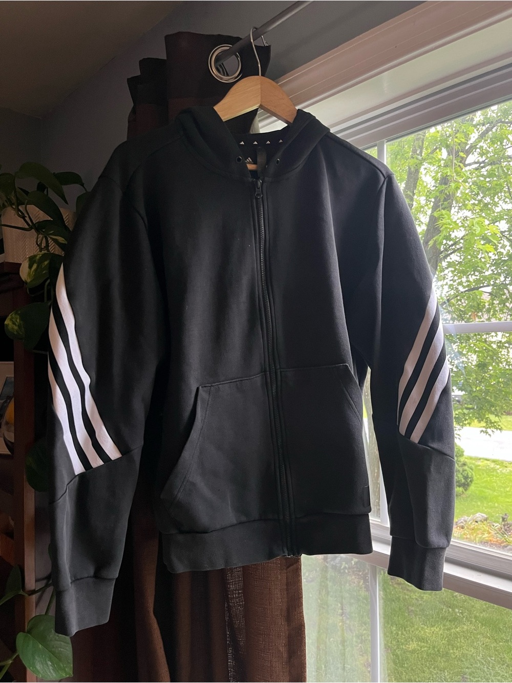 Adidas Black Zip Hoodie with White Stripe Sleeve Detail